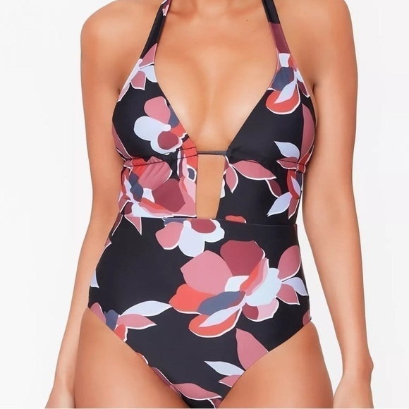 Bar III FLORAL MULTI Plunge Halter One-Piece Swimsuit, US XS New - Picture 5 of 14